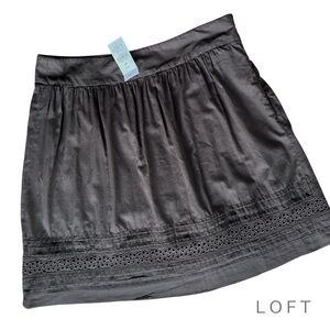 NWT LOFT BROWN GATHERED COTTON SKIRT EYELET LACE PLEATED TRIM | 4 PETITE